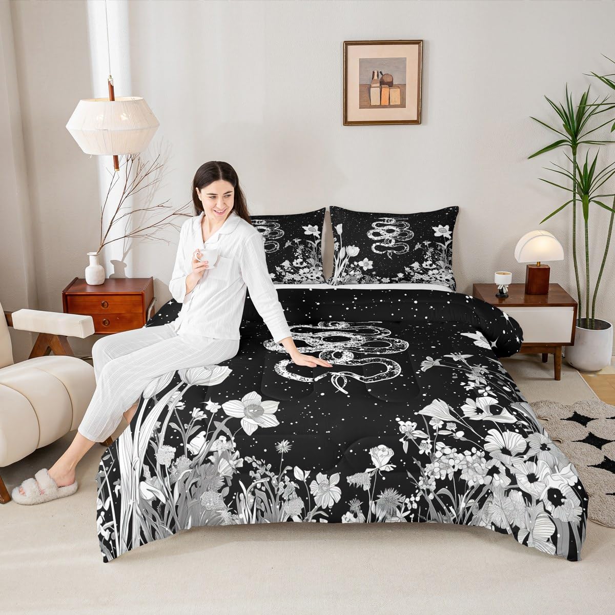 Snake Comforter Set Twin Size,Night Moon Starry Sky Bedding Set 2Pcs,Boho Flower Leaves Botanical Print Quilt Set for Kids Boys Girls Teens Room Decor Gothic Animal Duvet Insert,1 Pillowcase