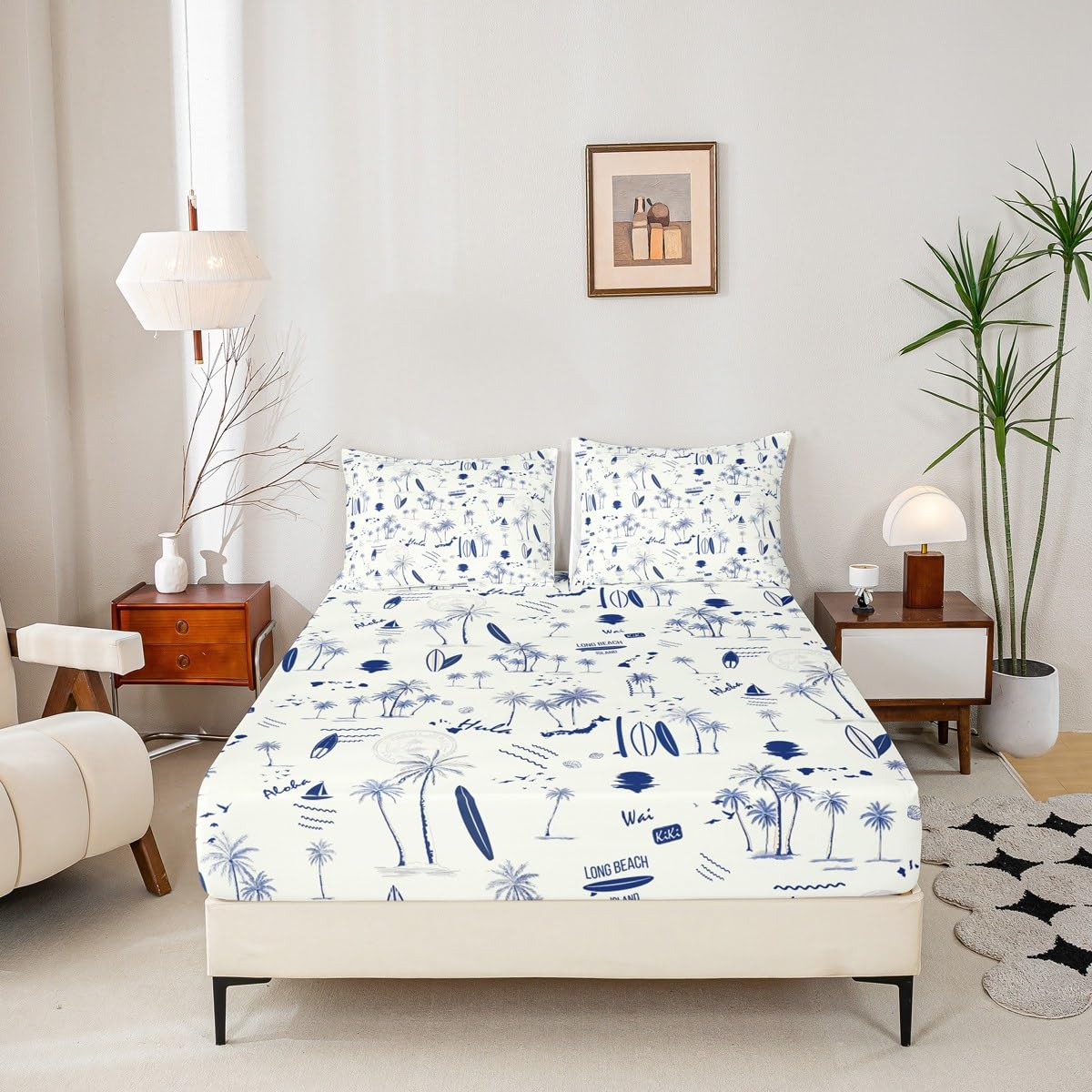 Coastal Beach Sheet Set King Size,Surfboard Sailboat Palm Tree Bedding Set 4Pcs for Kids Girls Boys Teens Room Decor Summer Ocean Life Bed Sheet Navy Blue White Fitted + Flat Sheet,2 Pillowcases