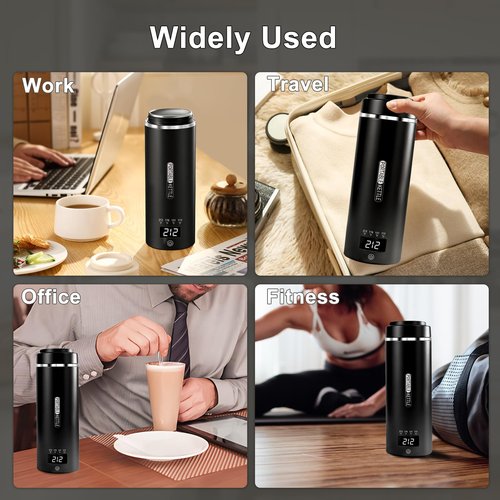Portable Travel Electric Kettle with Plug-in Boiling & Keeps Warm via USB, 4 Temperature Settings, 304 Stainless Steel with Auto Shut-off 16oz(Black）