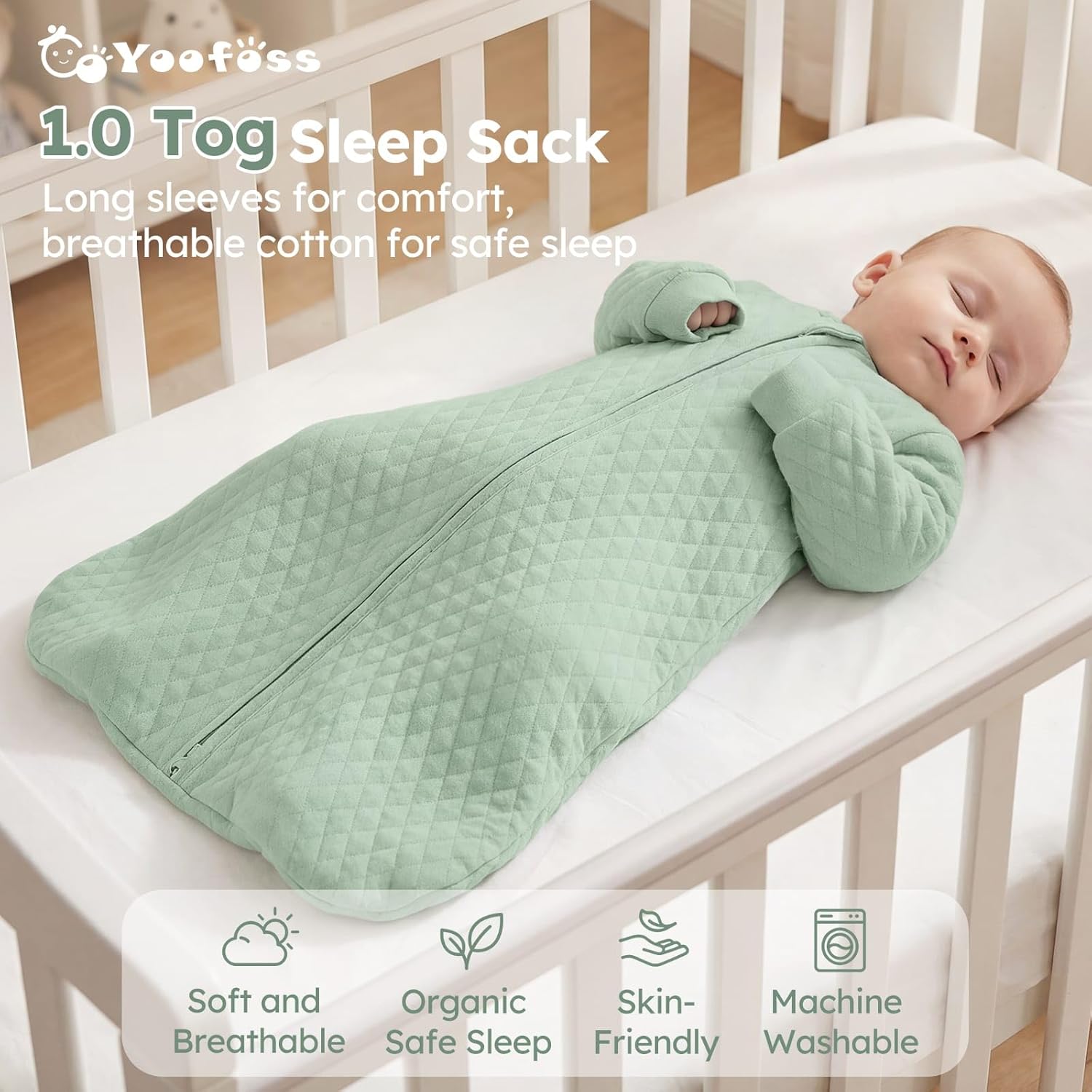 Yoofoss Baby Sleep Sack - Organic Cotton 1.0 Tog Long Sleeve Wearable Blanket | 0-6 Months, 2-Way Zipper