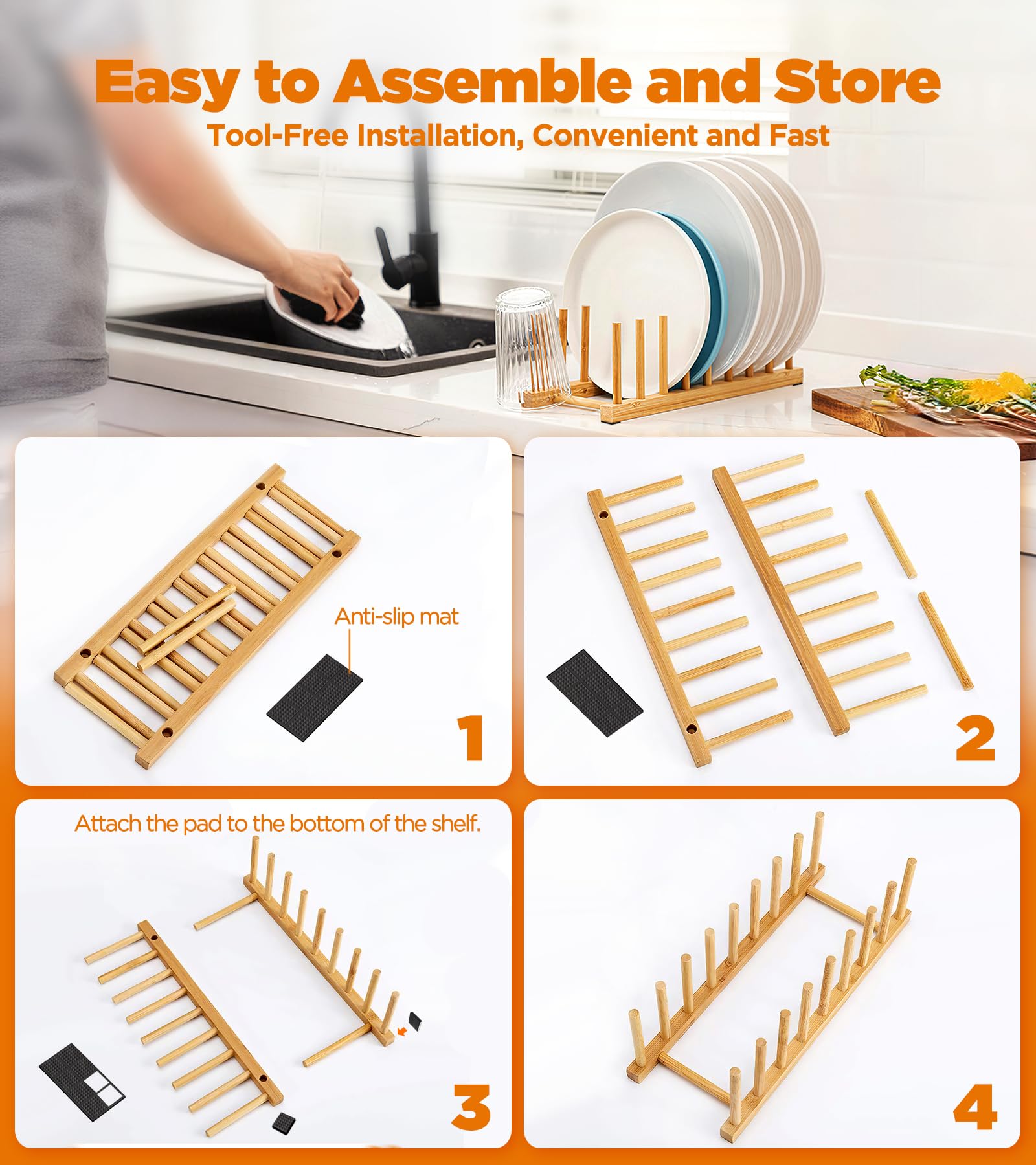RISHTEN Bamboo Dish Drying Rack, 2 Pack Wooden Storage Holder Organizer for Plate/Bowl/Cup/Book/Pot/Lid/Cutting Board Drying Rack Stand Holder