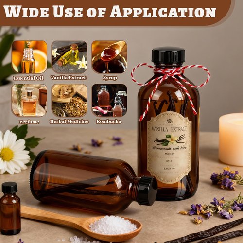 GGOLDMER 18 Pack 8oz Amber Glass Boston Round Bottles, Brown Vanilla Extract Bottles with Phenolic Polycone Caps for Homemade Vanilla, Syrup, Kombucha, Essential Oils, Gift Giving