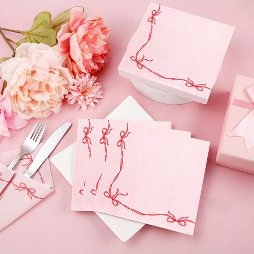 50Pack Red Pink Bow Paper Napkins Bachelorette Decorations Bow Theme Birthday Party, Bridal Engagement Decor, Girl Baby Shower Table Supplies 6.5''