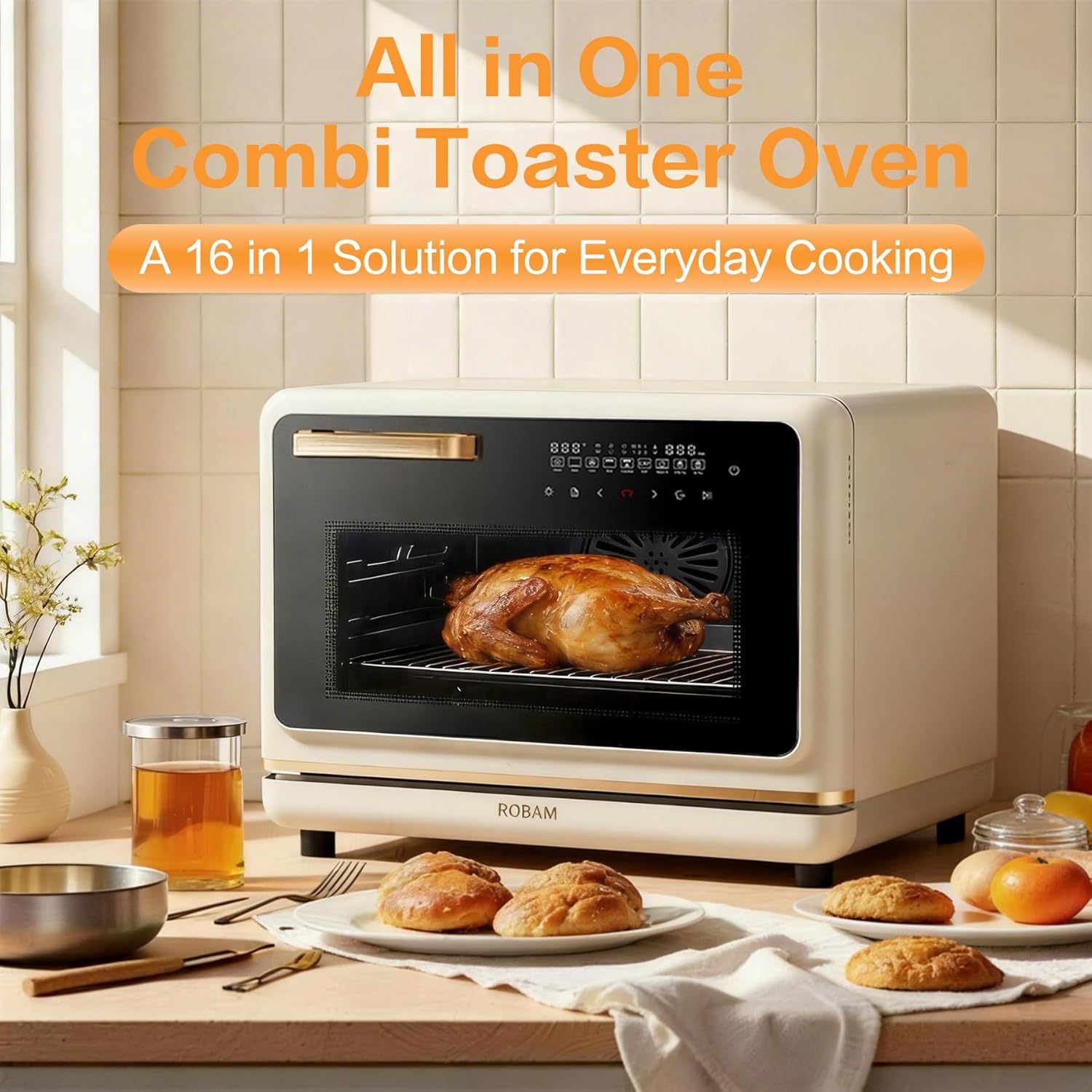 ROBAM Toaster Air Fryer Oven Combo - Large 1.2 Cu.Ft Convection Cooker with 32 Preset Recipes | Smart Touch Temp Control (White)