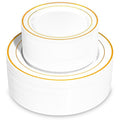 Pryntono 200PCS Gold Plastic Plates, Disposable Party Plates with Gold Rim, Include 100 Dinner Plate and 100 Elegant Dessert Plate for Party and Wedding