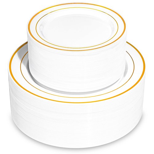 Pryntono 200PCS Gold Plastic Plates, Disposable Party Plates with Gold Rim, Include 100 Dinner Plate and 100 Elegant Dessert Plate for Party and Wedding