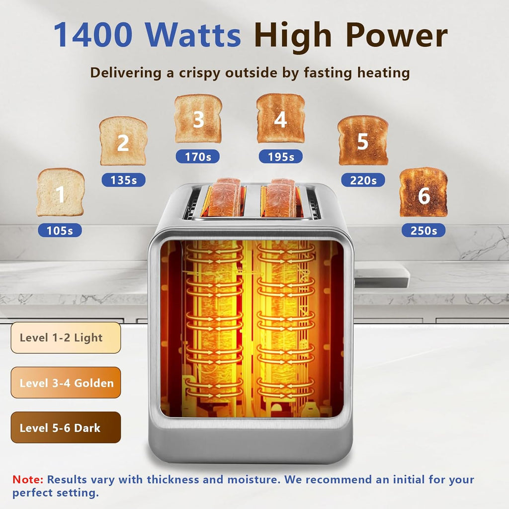 SAKAMOSH 4-Slice Smart Toaster - Touch Screen, 6 Browning Levels, Extra Wide Slots, Stainless Steel