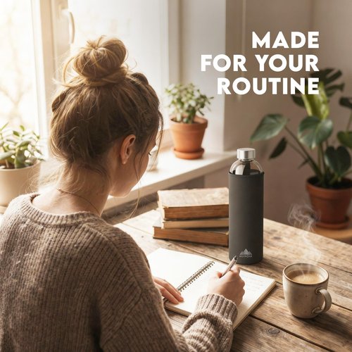 Mont-Clair Kristal Borosilicate Glass Water Bottle 18 oz with Neoprene Sleeve - Leak Proof + BPA Free - Hot & Cold Drinks - Ideal for Adult, Kids, Travel, Sports, Gym, Running - Black
