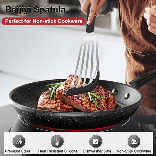 Beijiyi Fish Spatula Turner Set of 2, Heat Resistant Silicone Edge Slotted Fish Spatulas for Nonstick Cookware, Flexible and Thin Stainless Steel Kitchen Cooking Spatula Flipper for Fish, Egg, Pancake