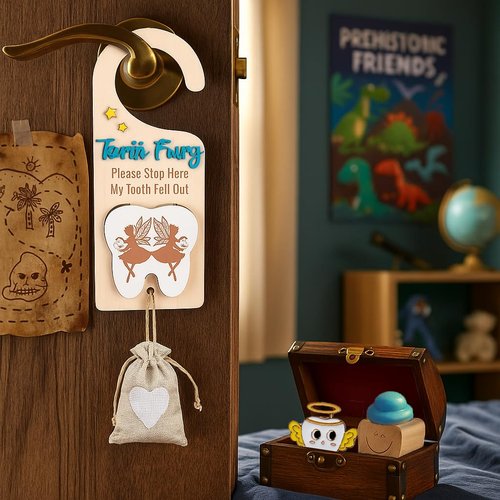 Chakralux 4Pcs Tooth Fairy Door Holder - Wooden Door Hanger Gift Set with Keepsake Box and Bag & Reward Badge, Gifts and Bedroom Decorations Suitable for Lost Teeth Girls and Boys