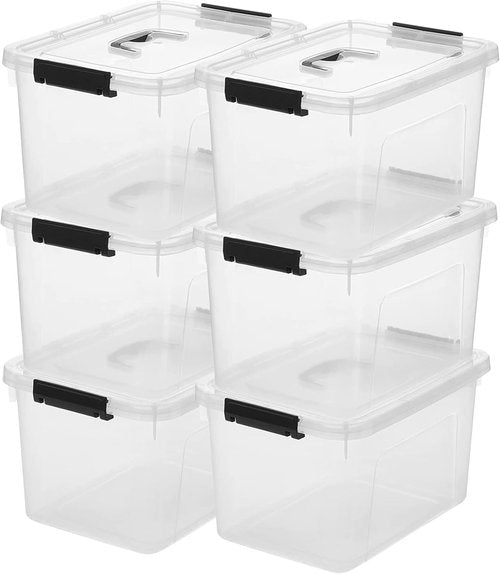 Clear Storage Latch Box - 12 Quart Plastic Organizing Bin with Lid & Black Handles | 6-Pack