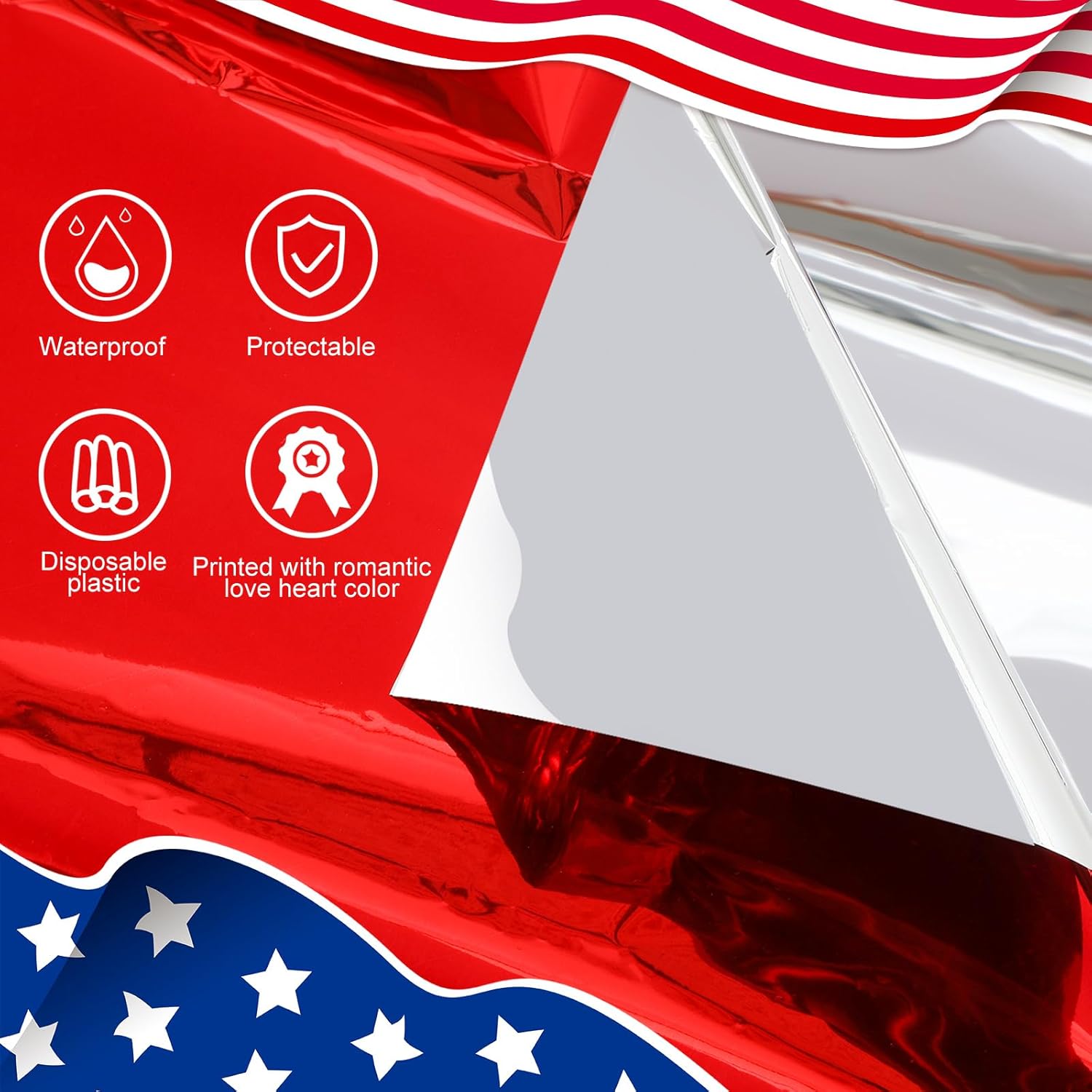 Regine Switzerland 4th of July Tablecloths - Patriotic Foil Design | 54 x 108 Inch Rectangle, Red/Silver/Blue