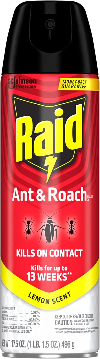 Raid Ant & Roach Killer Spray - Long-Lasting Lemon Scent Formula for Effective Bug Control, 17.5 oz