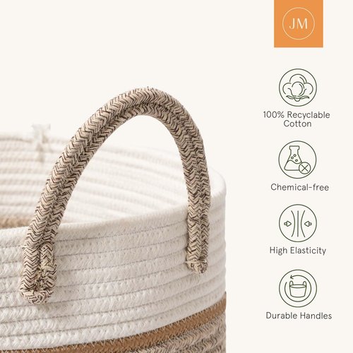 LA JOLIE MUSE Woven Basket Rope Storage Baskets - Tall Cotton Basket 16 x 14 x 14 Inches, Laundry Basket for Blanket, Kids Toy, Nursery Clothes Hamper Basket White & Desert