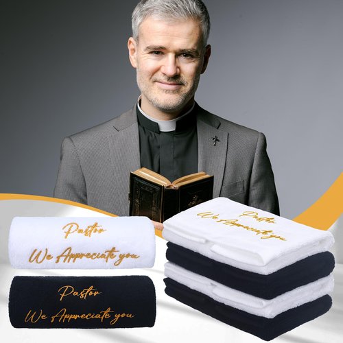 HunnmingRe 4 Pack 13.8 Inch Pastor Towels for Men Christian Embroidered Cross Cotton Hand Towels Appreciation Gifts with Clergy Dove for Christian Church Clergy(Black White,Appreciate)