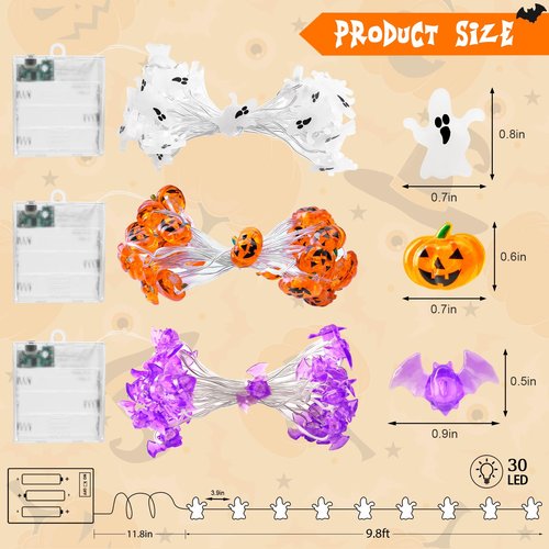 cshare Halloween String Lights, Pumpkin Ghost Bats Mini Halloween Lights with Timer Indoor Battery Operated 9.8ft 30LED Trick or Treat Decorations for Home Decor Indoor Party Holiday