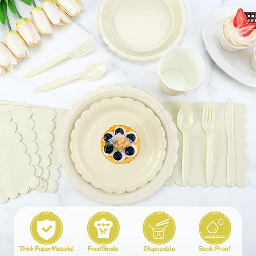 Xiangqu 350 Pcs Ivory Dinnerware Sets, 9" Party Plates, 7" Cream Dessert Plate, 9oz Cups & Cutlery, 50 Guest Beige Scalloped Disposable Plates Set for Baby Bridal Shower, Wedding, Birthday