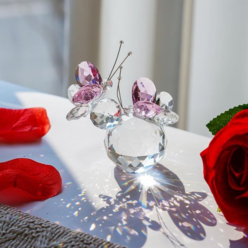 H&D Hyaline & Dora Pink Crystal Cut Double Butterfly Figurine - Handmade Art Glass Collectible Gift
