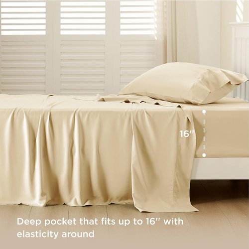 Bedsure Cooling Twin Sheets - Breathable & Soft Rayon from Bamboo - Deep Pocket Up to 16 Inches - Hotel Luxury Alabaster Gleam