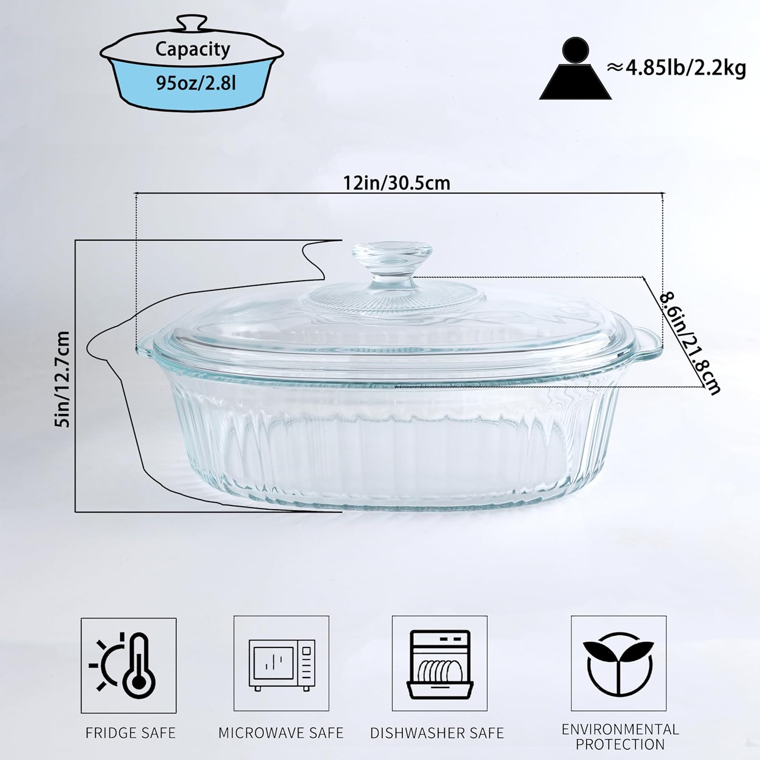 Skiennix Casserole Dish With Lid - 3Qt Clear Oval Glass Baking Dish for Cooking & Serving