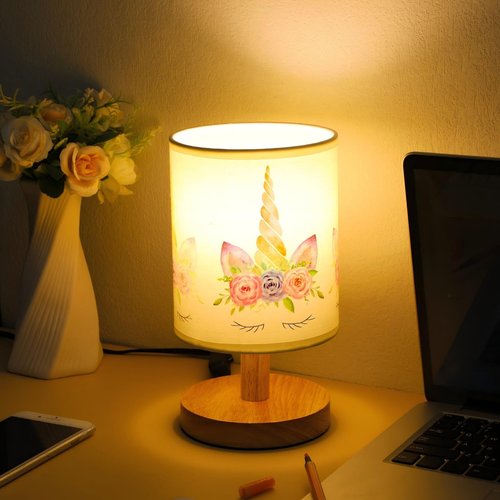 VIHOSE Unicorn Kids Table Lamp for Bedroom Kids Bedside Lamp with Linen Wooden Nightstand Cartoon Nursery Lampshade for Girls Boys Living Room