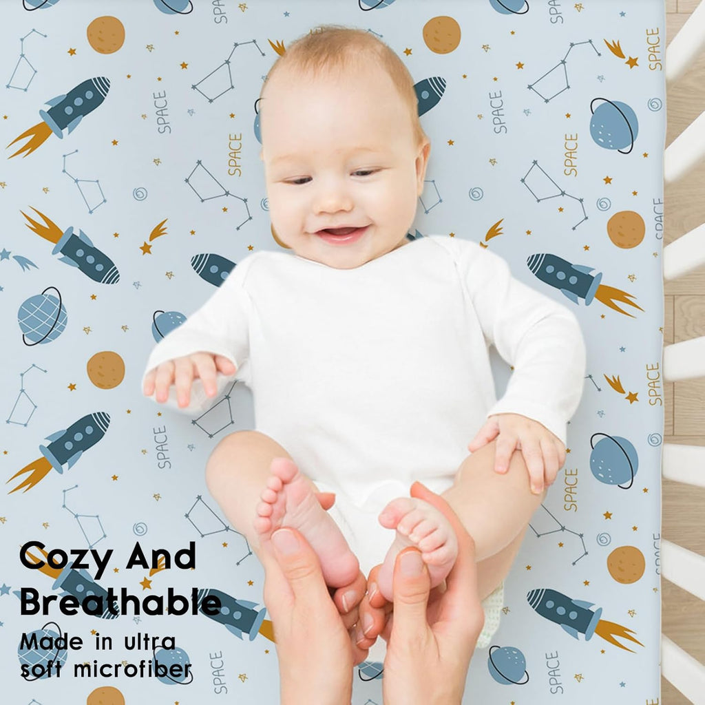 Yoofoss Fitted Baby Crib Sheets - Super Soft Microfiber 2-Pack for Standard Crib & Toddler Mattress | Blue Rocket 28x52x8in