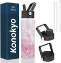 Skiennix 22oz Stainless Steel Water Bottle - Insulated with 3 Lids | Marble Blossom Design