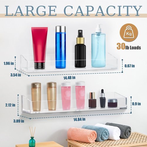 ClarityCraze 2 Pack Acrylic Bathroom Shelves, Clear Acrylic Shower Caddy Organizer, 15" Invisible Floating Shelves for Book/Figures/Photo/Makeup in Bathroom, Living Room, Bedroom, Kitchen