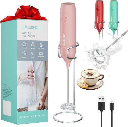 HAUSHOF Rechargeable Milk Frother Wand - Handheld Electric Foam Maker with Detachable Whisk | Pink