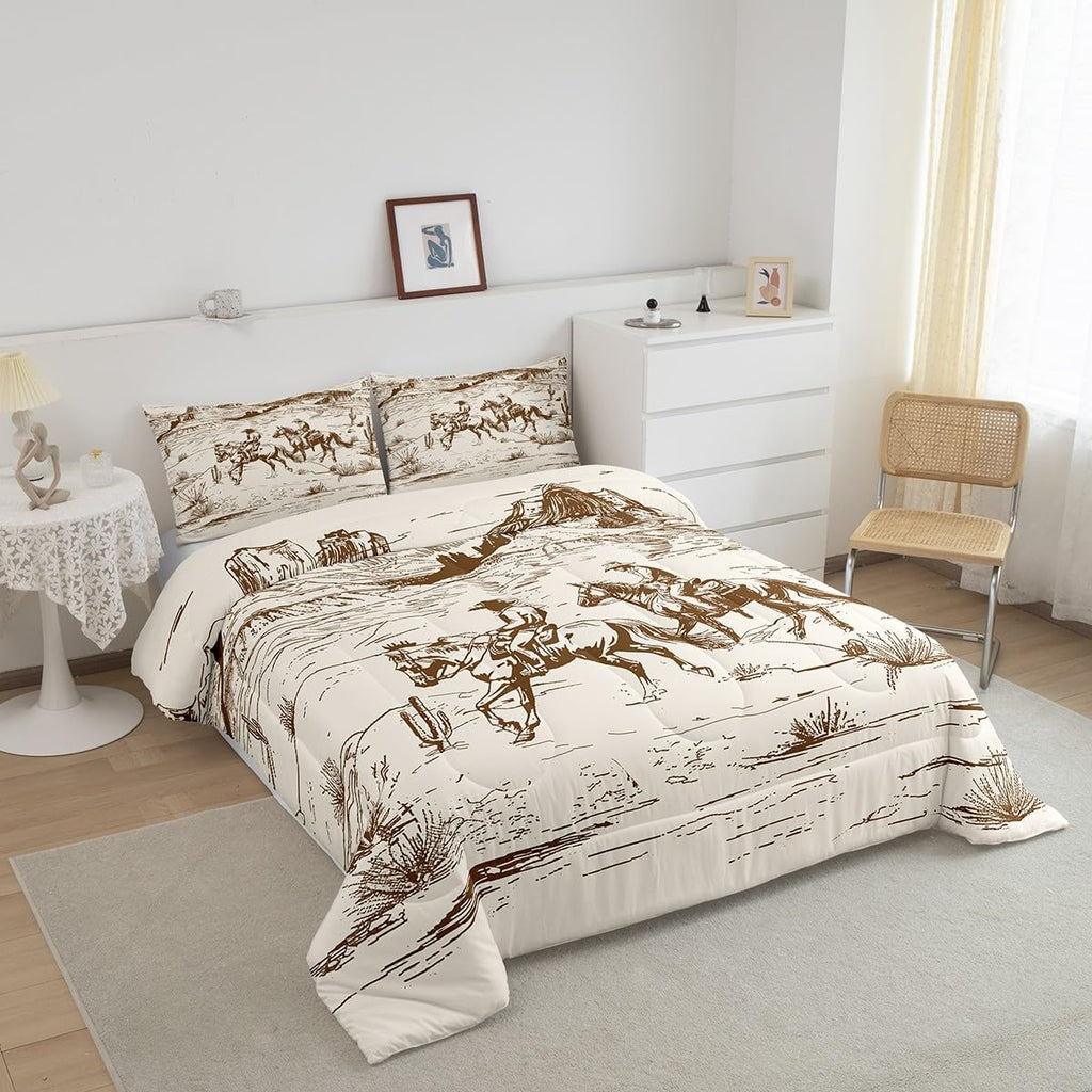 Erosebridal Cowboy Comforter Set Western Bedding Twin Size Wild West American Desert Hand Drawn Illustration Room Decor Down for Teens Boys Adults Men Girls Rustic Farmhouse Duvet Insert