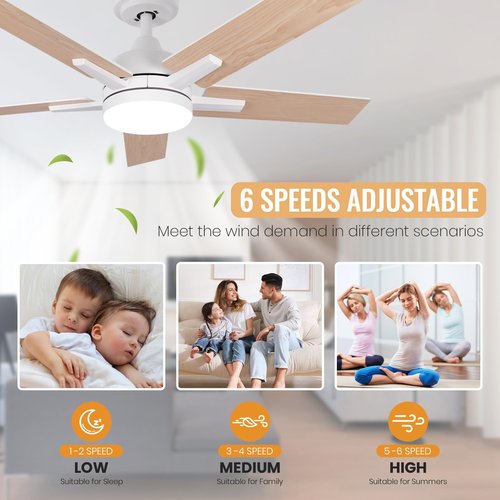 Viossn 42 Inch Ceiling Fans, White Ceiling Fan with Remote, Ceiling Fans with 6-Speeds Reversible Motor, Ceiling Fan with 5 Two-sided Blades Dimmable Noiseless for Indoor Bedroom/Outdoor