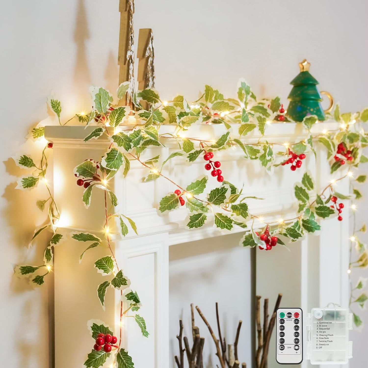 Suddus 40 LED Christmas Fairy Lights - Battery Powered 12.5ft Vine String Lights with Red Berries & Holly Leaf | Perfect for Holiday Decor