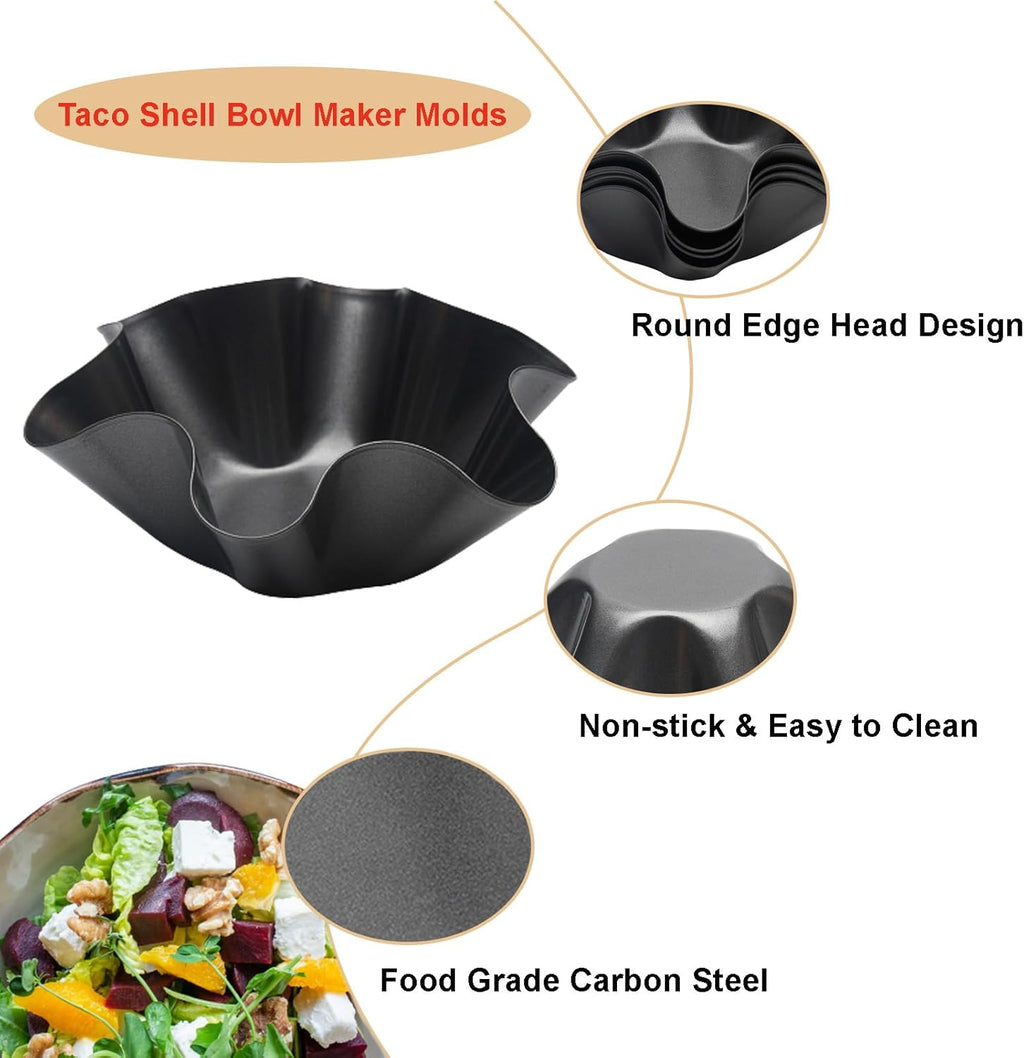 Skiennix Tortilla Pan Set - 4-Piece Non-Stick Carbon Steel Taco Shell Makers | Black Flower-Shaped Molds (16.5x7.5x6cm)