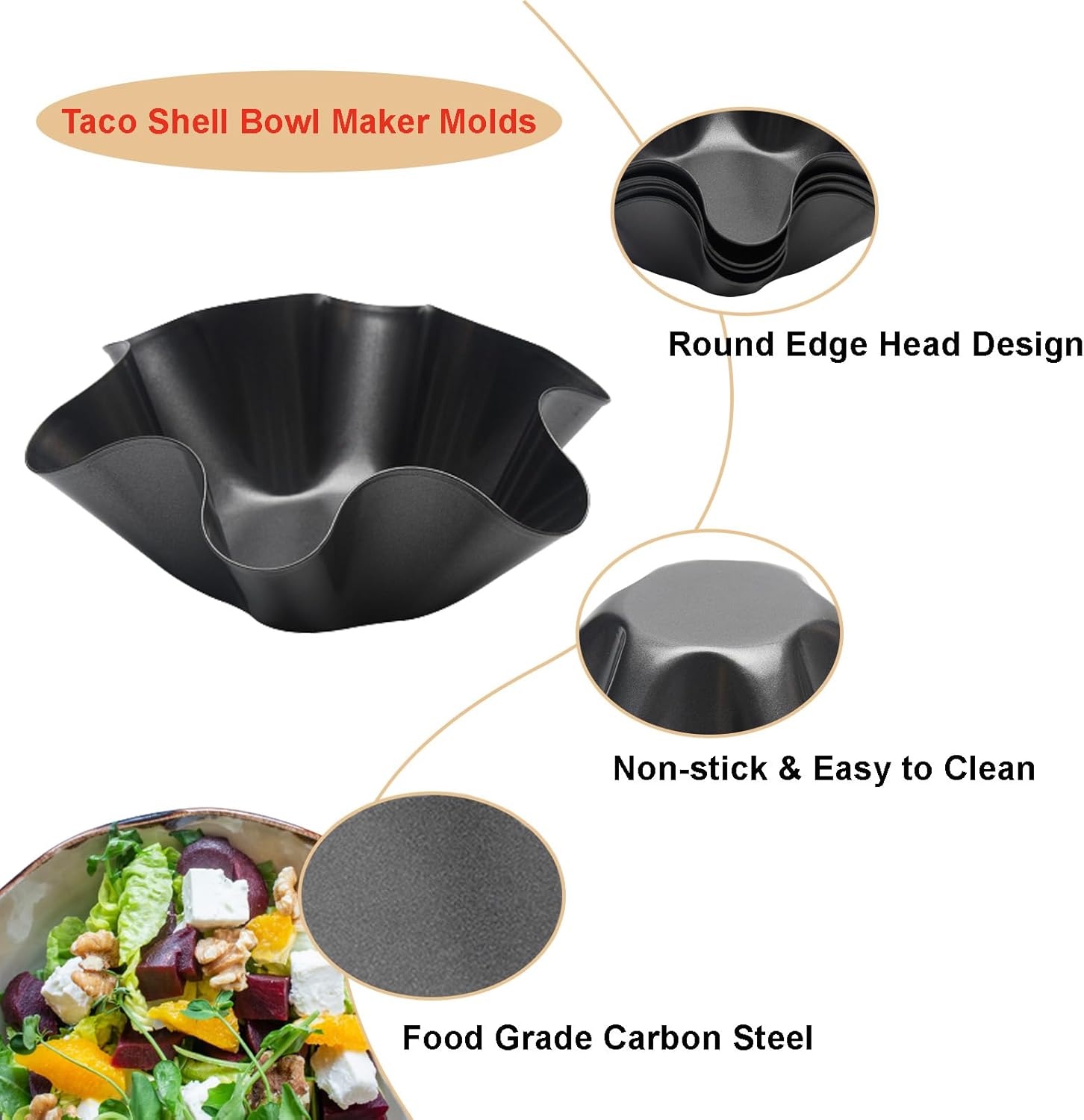 Skiennix Tortilla Pan Set - 4-Piece Non-Stick Carbon Steel Taco Shell Makers | Black Flower-Shaped Molds (16.5x7.5x6cm)