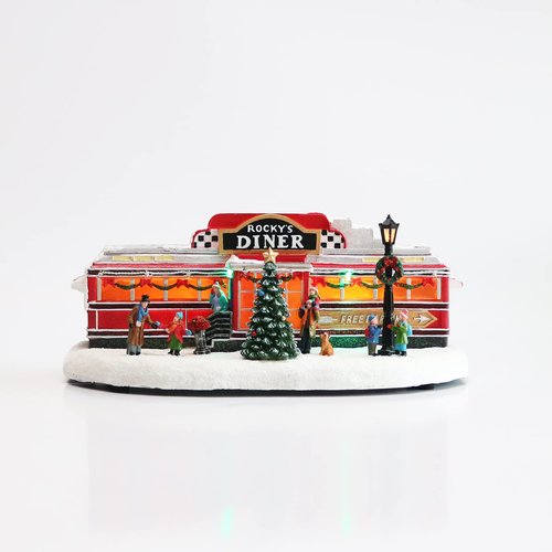 Christmas Village Building, Rocky's Diner, Retro 1950's Diner with LED Lights and Christmas Music - Battery Operated (not included) (optional 4.5V adapter not included) (5.8"H x 13.6"W x 7.1"D)