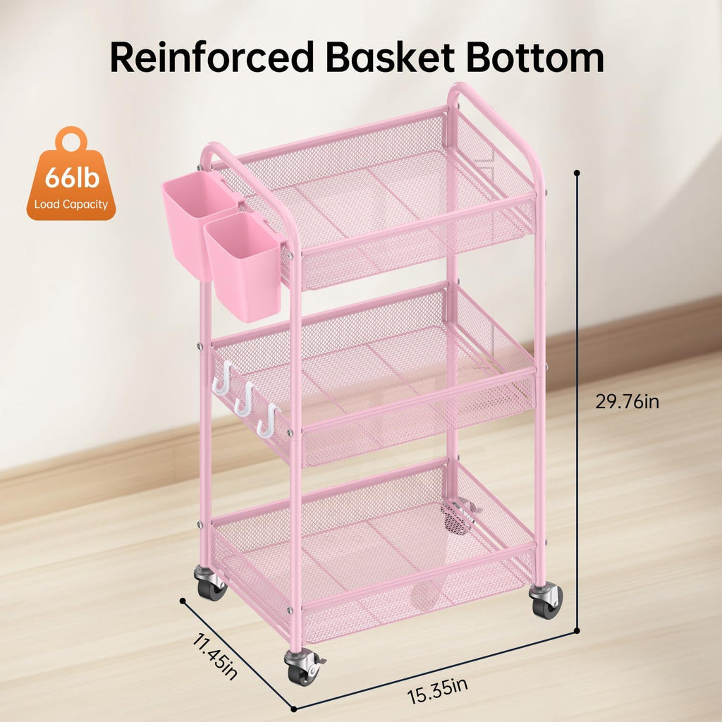 YASONIC 3-Tier Rolling Cart - Metal Utility Storage with Wheels, Craft Organizer, Pink