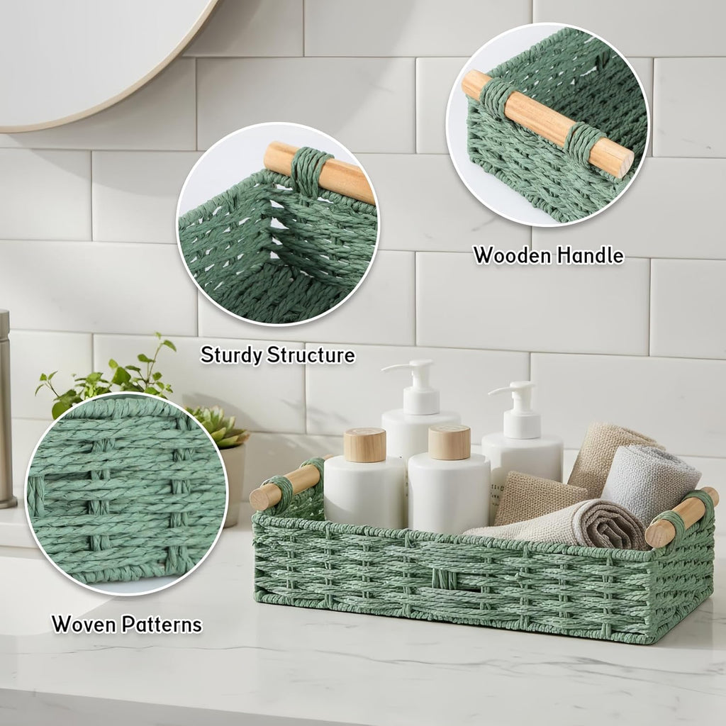 Skiennix Small Bathroom Storage Baskets - Woven Paper Rope Organizers in Sage Green | Perfect for Home Decor & Gifts