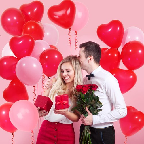 60Pcs Pink and Red Heart Shaped Balloons, Red Valentine's Day Balloons Set with Ribbon, for Wedding, valentines decorations, Marriage Proposal Props