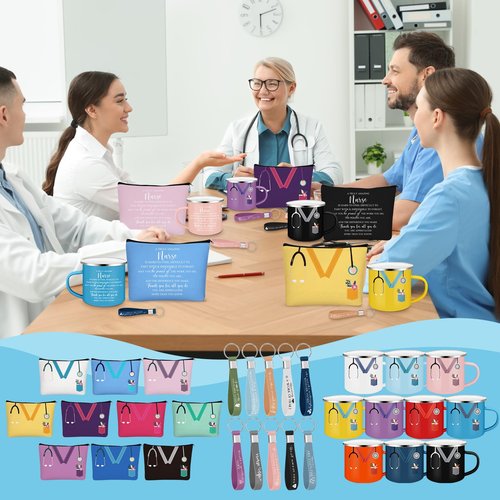 Hushee Nurse Appreciation Gift Bulk 12 Oz Enamel Mug Stethoscope Sign Makeup Bag Silicone Keychain Valentines Day Gift for Nurse Nursing Assistant(30 Pcs,Bright Color)