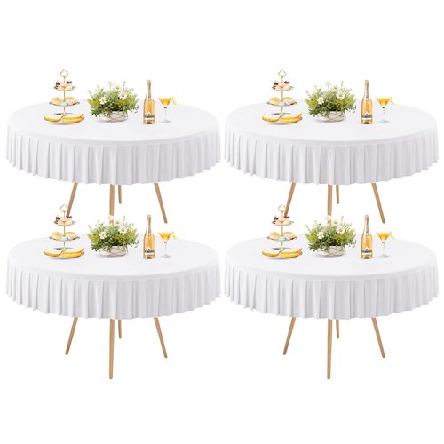 4 Pack White Spandex Round Tablecloths for 60 inch Tables, Stretchy Fitted 5FT Round Table Cloths, Wrinkle Free Table Cover with Skirt for Wedding Party Dining Banquet Baby Shower