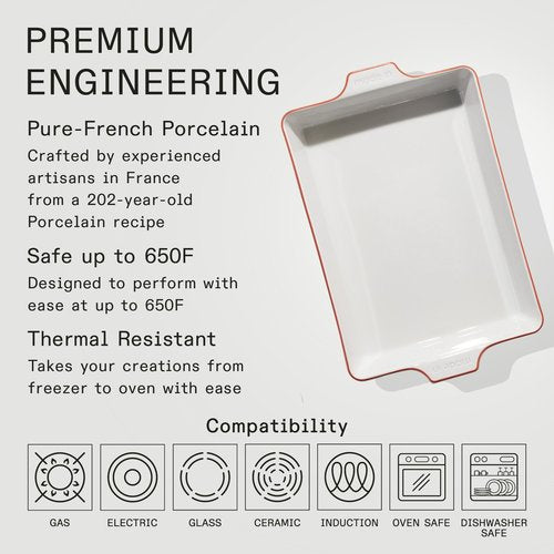 Made In Cookware - Rectangular Baking Dish - Red Rim - Hand Crafted Porcelain - Professional Bakeware - Made in France