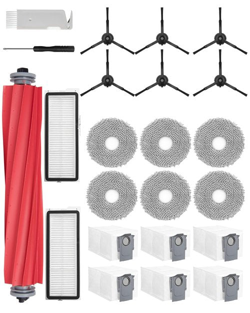 23Pack Qrevo Accessories Kit for Roborock Qrevo S, Qrevo Pro, Qrevo MaxV,Qrevo Plus Robot Vacuum Replacement Parts,1Main Brush,6Mop Pads,6Black Side Brushes,6Dust Bags, 2Filter,2Cleaning Tool