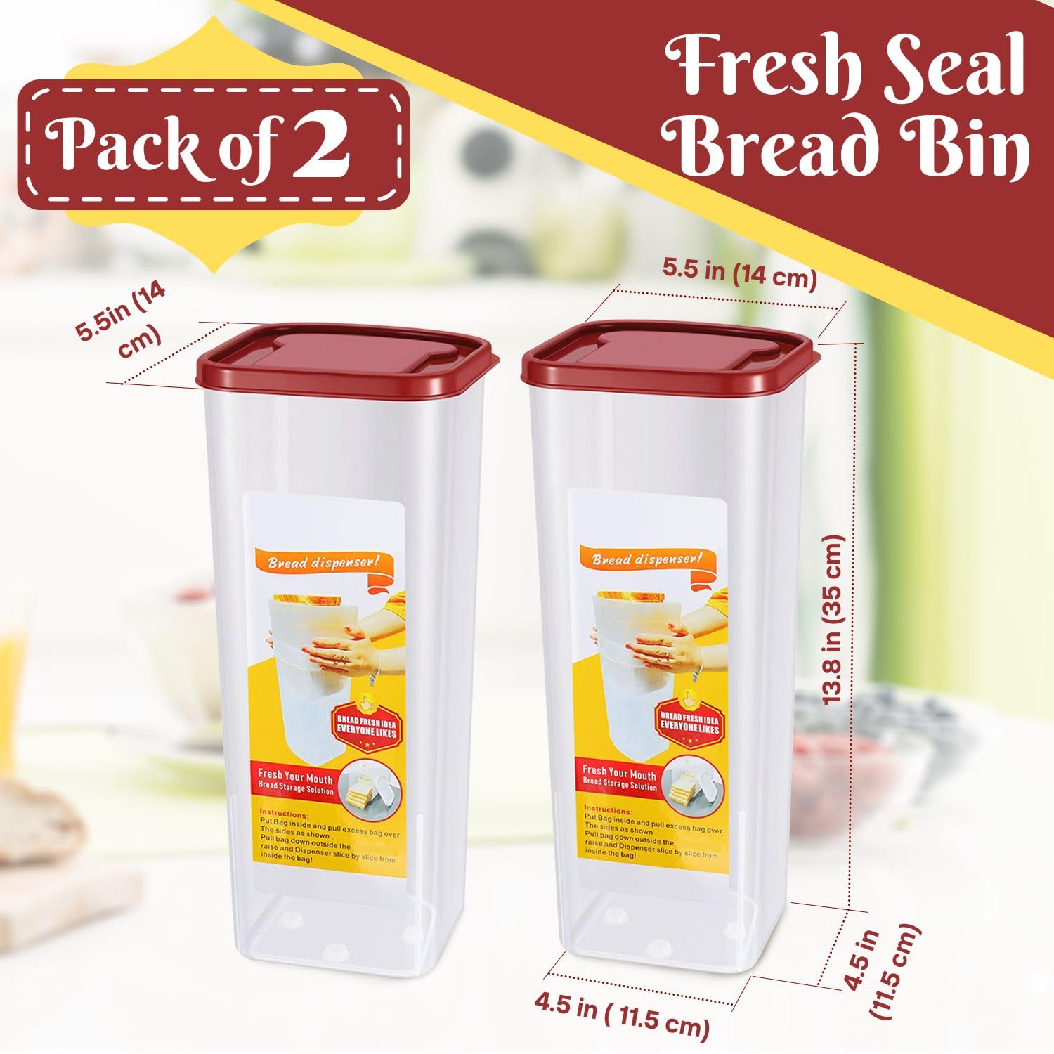 Flexzion 2 Pack Bread Containers Storage Airtight Loaf - Clear Bread Box for Kitchen Countertop BPA-Free Bread Loaf Storage Container Space-Saving & Durable Plastic Bread Container & Dispenser, Red