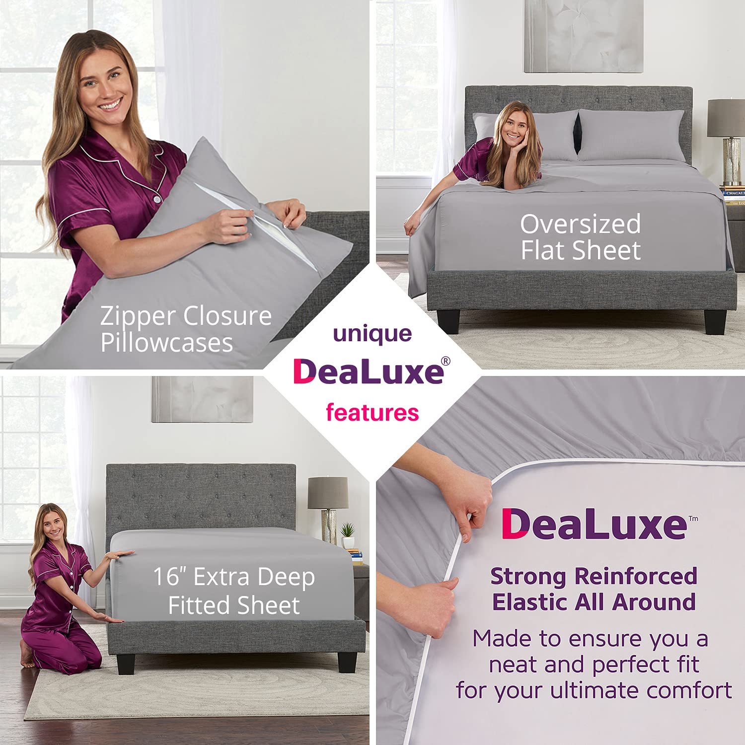 Twin Sheets Set - Twin Bed Sheets Kids Calm Grey - 16" Deep Pockets Fitted Sheet, Oversize Flat Sheet, 1 Zipper Closure Pillowcase