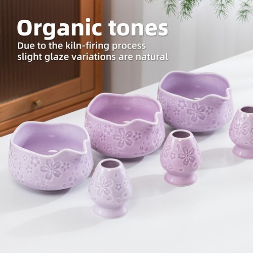 TEANAGOO 7-PCS Purple Matcha Whisk Set with Cherry Blossom Design, Complete Ceremony Kit, Ceramic Chawan Bowl with Spout, Whisk & Accessories, Traditional Matcha Tea Set for Lattes& Gift Giving