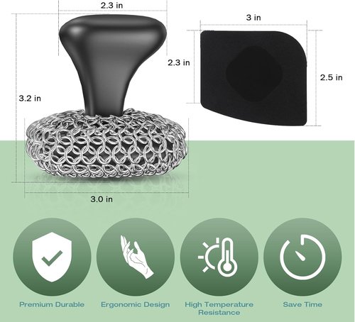 Cast Iron Scrubber - 316 Chainmail Cleaner for Pans & Skillets | Dishwasher Safe, Black