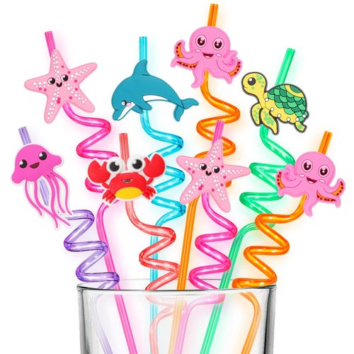 12 Pcs Reusable Ocean Animal Straws, Sea Animal Plastic Straws, Sea Creature Twisted Straw for Summer Under the Sea Party Supplies, Ocean-themed Party Decorations, Ocean Birthday Gifts (Sea Animals)