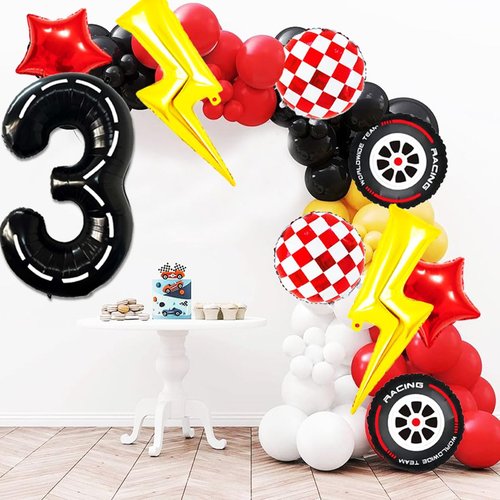 Cartoon Race Car Birthday Party Decorations Large Lightning Bolt Foil Balloons Race Car Balloons 40 Inch Racetrack Number 3 Balloon for Boys 3rd Cars Themed Birthday Party Decor Supplies