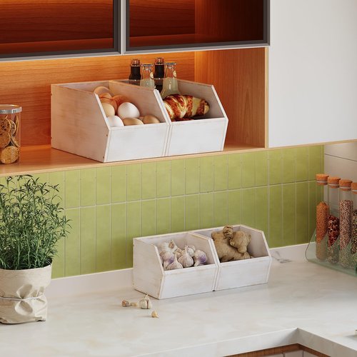 Trironsun 2 Set Bamboo Pantry Storage Bins Wood Stackable Baskets Potato and Onion Storage Bins Fruits Vegetable Bread Organization for Kitchen Counter