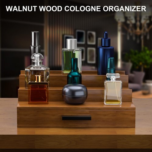 Sueuapp Walnut Wood Cologne Organizer for Men 3 Tier Cologne Stand,Wooden Cologne Holder Display Shelf with Hidden Compartment and Drawer,Perfume Organizer Great Gift for Men